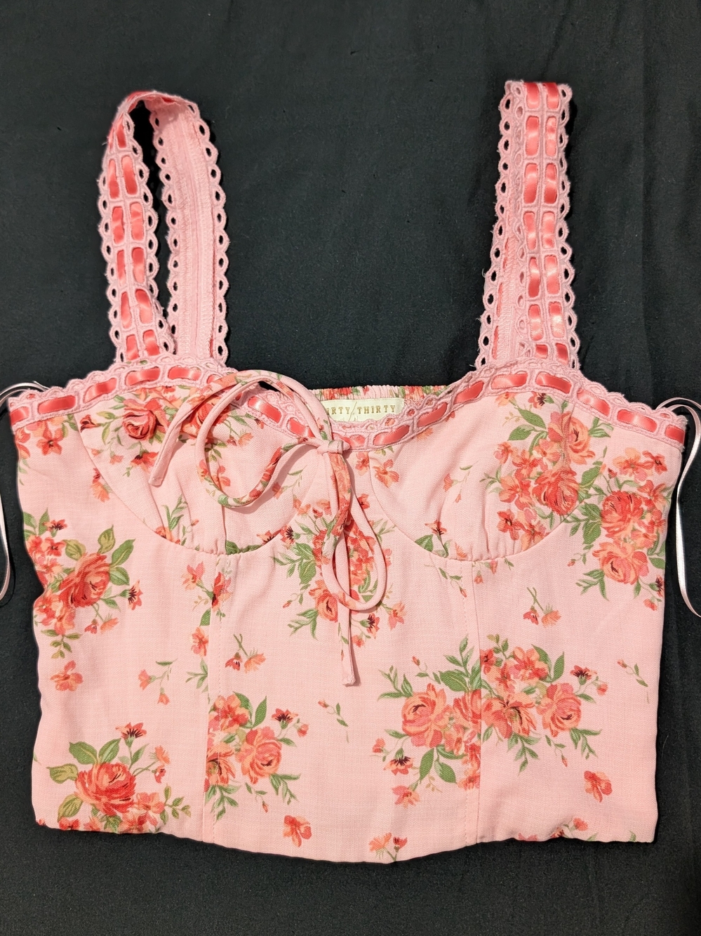 Thirty Thirty LA Pink Floral Corset Crop Top Size S Cottagecore Coquette Lace